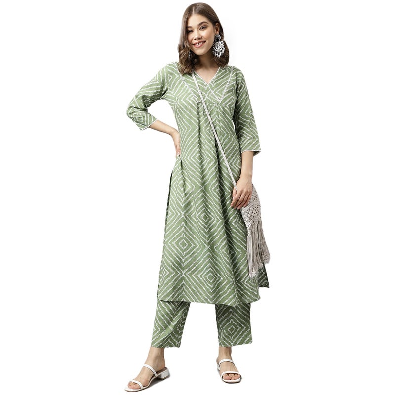 FIORRA Women's Green Cotton A-line Kurta with Palazzo - Image 5