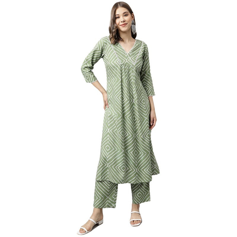 FIORRA Women's Green Cotton A-line Kurta with Palazzo - Image 1