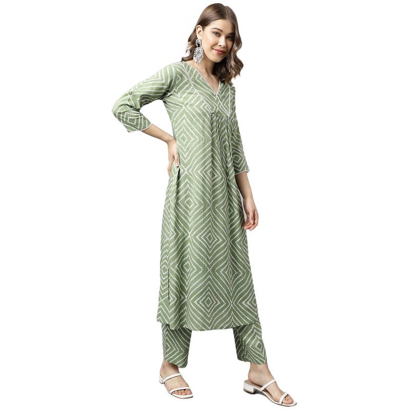 FIORRA Women's Green Cotton A-line Kurta with Palazzo - Image 3