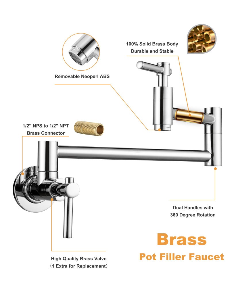 iVIGA Wall Faucet, Pot Fillers Wall Mount for Kitchen, Solid Copper Chrome Pot Filler Single Hole Folding Faucet with Double Joint Swing Arm Pot Filler Over Stove - Image 5