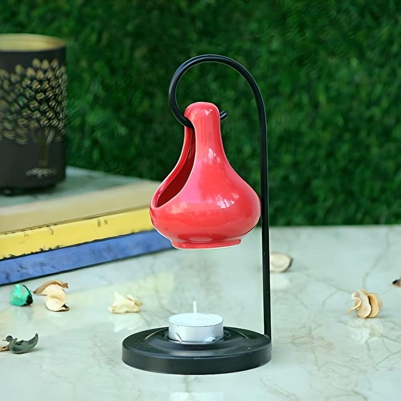Breezy Aroma Metal Red Hanging Ceramic Tealight Candle Holder Oil Burner Aroma Lamp Aroma Diffuser 8 H x 4 W Inch - Image 1