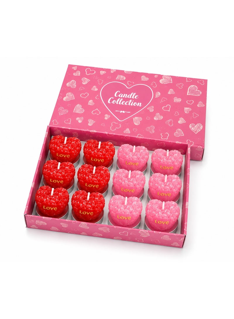 Heart Shaped Decorative Scented Candle Set, 12 Pieces, Red & Pink Colors, Metal Base, Unscented, Romantic Home Decor Gift Candles - Image 3