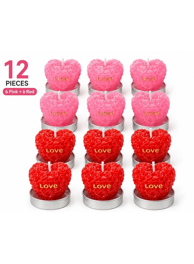 Heart Shaped Decorative Scented Candle Set, 12 Pieces, Red & Pink Colors, Metal Base, Unscented, Romantic Home Decor Gift Candles - Image 1