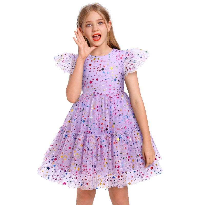 IMEKIS 7th 8th Birthday Girl Outfit: Seventh Eighth Birthday Dress for Girl Cake Smash Toddler Boho Rainbow Princess Dress Party Pageant Gown Kids Mini Tutu Skirt Photoshoot Confetti Lilac Stars 7-8 Years - Image 1