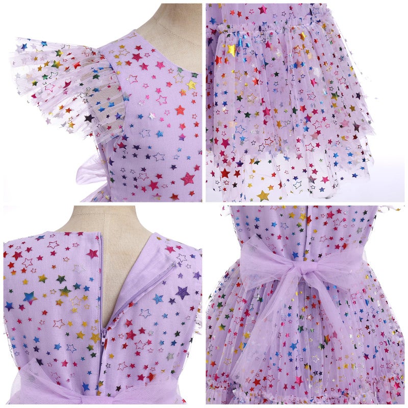 IMEKIS 7th 8th Birthday Girl Outfit: Seventh Eighth Birthday Dress for Girl Cake Smash Toddler Boho Rainbow Princess Dress Party Pageant Gown Kids Mini Tutu Skirt Photoshoot Confetti Lilac Stars 7-8 Years - Image 2