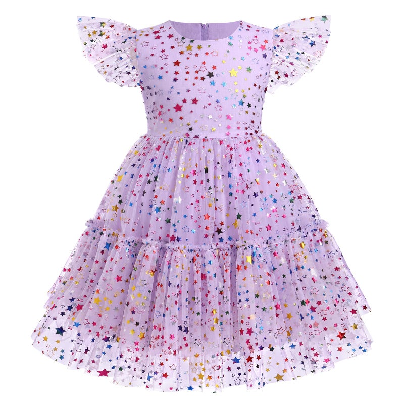 IMEKIS 7th 8th Birthday Girl Outfit: Seventh Eighth Birthday Dress for Girl Cake Smash Toddler Boho Rainbow Princess Dress Party Pageant Gown Kids Mini Tutu Skirt Photoshoot Confetti Lilac Stars 7-8 Years - Image 3
