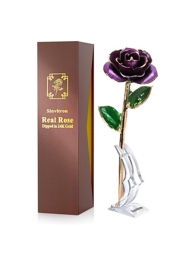Sinvitron Gold Dipped Rose 24K Real Rose, Long Stem Gold Plated Rose With Stand, Valentines Day Gifts For Her,Gifts For Mom,24K Golden Rose For Anniversary And Mothers Day, Birthday (Purple) - Image 1