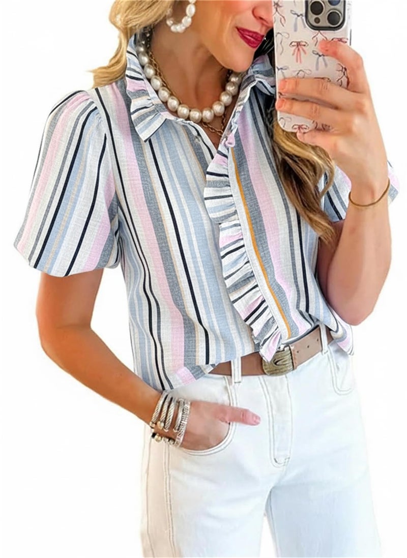 Disamer Womens Puffy Sleeves Tops Button Down Shirt Ruffle Shirt Short Striped Work Tops Trendy Babydoll Stand Collar Blouse,Colorful Gray,Small - Image 1