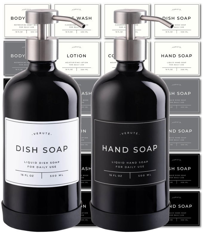 HAND AND DISH SOAP DISPENSER FOR KITCHEN AND BATHROOM SET OF 2 16 OZ GLASS BOTTLES STAINLESS STEEL PUMPS NONSLIP SILICONE BASE 27 WATERPROOF LABELS GLOSS BLACK BOTTLEBRUSHED SILVER PUMP