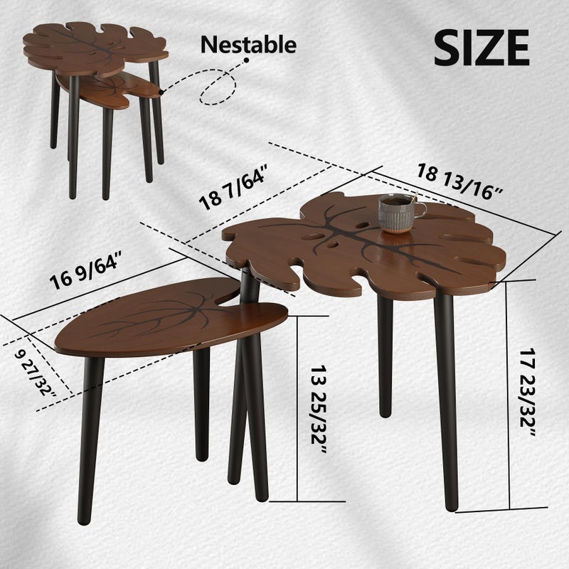 BAMEOS Monstera Leaf Nesting Tables Set of 2, Small Side Tables f Set with Leaf Vein Pattern, Modern Wooden CoffeeTables for Living Room Bedroom Apartment Balcony Yard - Image 2