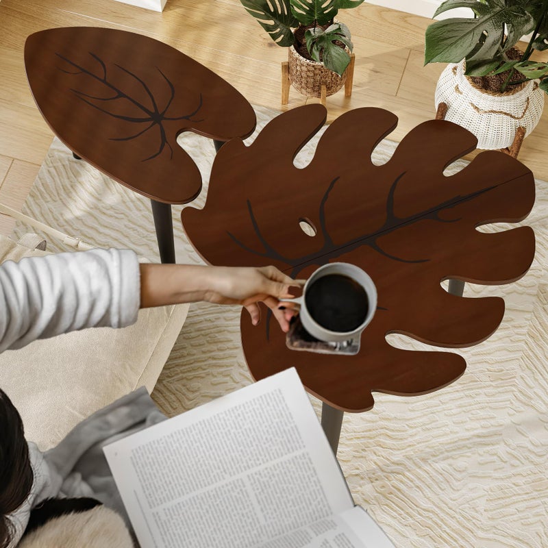 BAMEOS Monstera Leaf Nesting Tables Set of 2, Small Side Tables f Set with Leaf Vein Pattern, Modern Wooden CoffeeTables for Living Room Bedroom Apartment Balcony Yard - Image 4