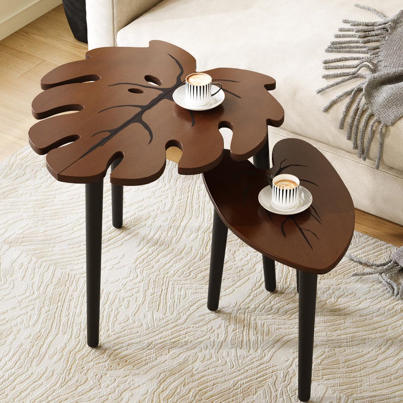 BAMEOS Monstera Leaf Nesting Tables Set of 2, Small Side Tables f Set with Leaf Vein Pattern, Modern Wooden CoffeeTables for Living Room Bedroom Apartment Balcony Yard - Image 1