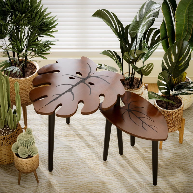 BAMEOS Monstera Leaf Nesting Tables Set of 2, Small Side Tables f Set with Leaf Vein Pattern, Modern Wooden CoffeeTables for Living Room Bedroom Apartment Balcony Yard - Image 5