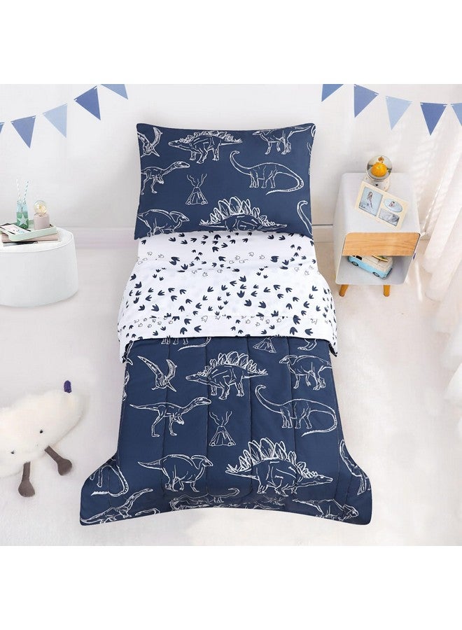 Jundetye 4 Pieces Dinosaur Toddler Bedding Set for Boys, Soft Breathable Toddler Comforter Set, Dino Print Navy, Includes Reversible Comforter, White Fitted Sheet and Flat Sheet, Pillowcase - Image 1