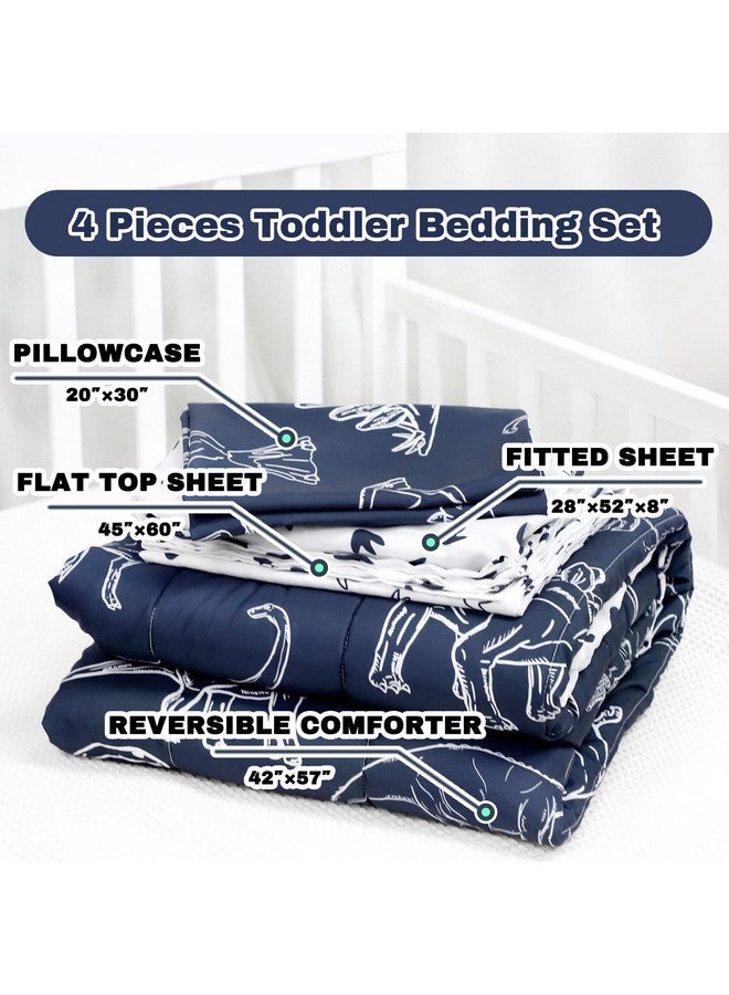 Jundetye 4 Pieces Dinosaur Toddler Bedding Set for Boys, Soft Breathable Toddler Comforter Set, Dino Print Navy, Includes Reversible Comforter, White Fitted Sheet and Flat Sheet, Pillowcase - Image 5