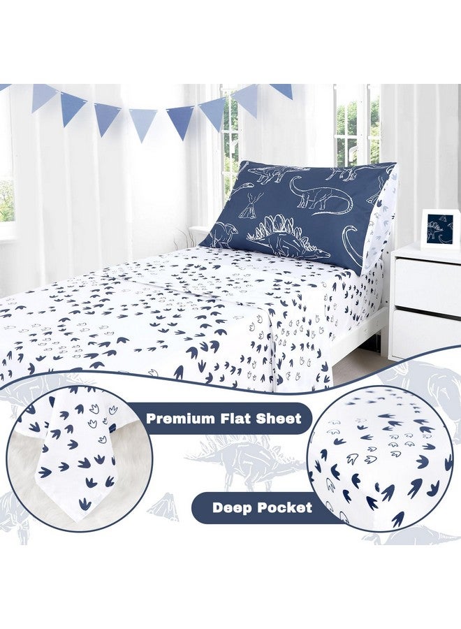 Jundetye 4 Pieces Dinosaur Toddler Bedding Set for Boys, Soft Breathable Toddler Comforter Set, Dino Print Navy, Includes Reversible Comforter, White Fitted Sheet and Flat Sheet, Pillowcase - Image 3