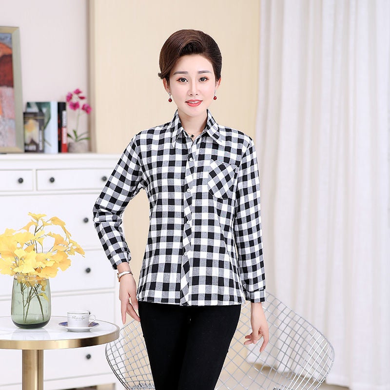 2022 Spring and Autumn New Loose Slim-fit Plaid Shirt Womens External Western Style Age-reducing Shirt Spring All-match Top for Women Short Thin Size 8 Shirt 