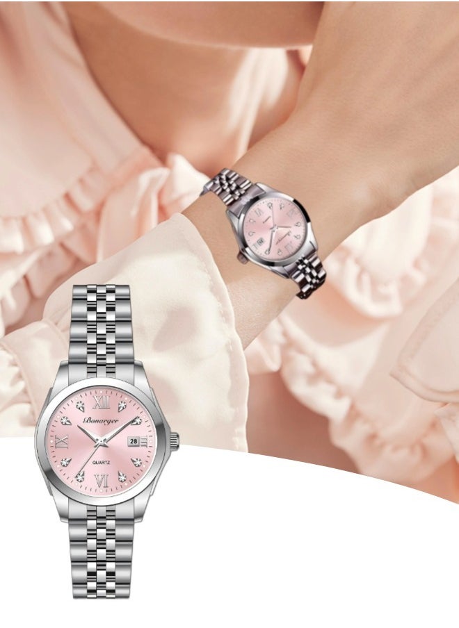 BONARGER Women's waterproof luminous watch（Waterproof high-end watches, niche luxury watches，Waterproof Quartz Watch，Steel strap, pink dial）  - Image 1