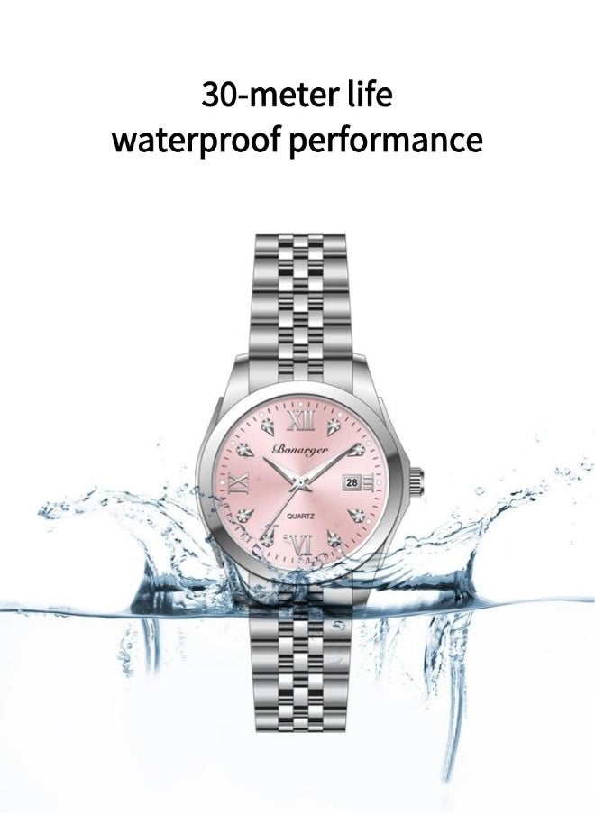 BONARGER Women's waterproof luminous watch（Waterproof high-end watches, niche luxury watches，Waterproof Quartz Watch，Steel strap, pink dial）  - Image 4