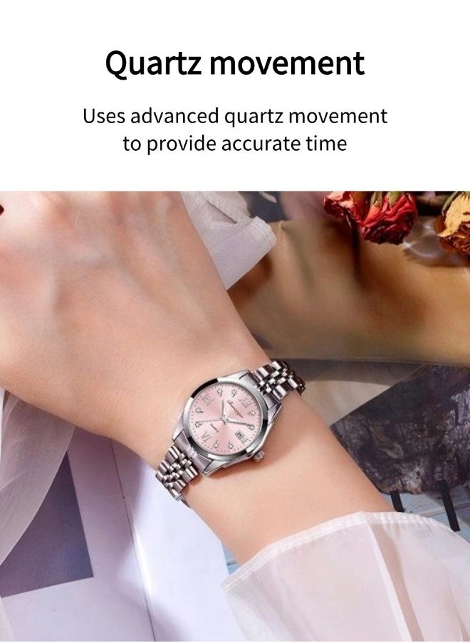 BONARGER Women's waterproof luminous watch（Waterproof high-end watches, niche luxury watches，Waterproof Quartz Watch，Steel strap, pink dial）  - Image 3