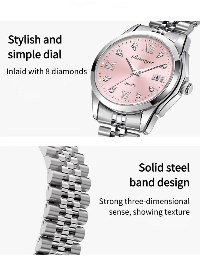 BONARGER Women's waterproof luminous watch（Waterproof high-end watches, niche luxury watches，Waterproof Quartz Watch，Steel strap, pink dial）  - Image 2