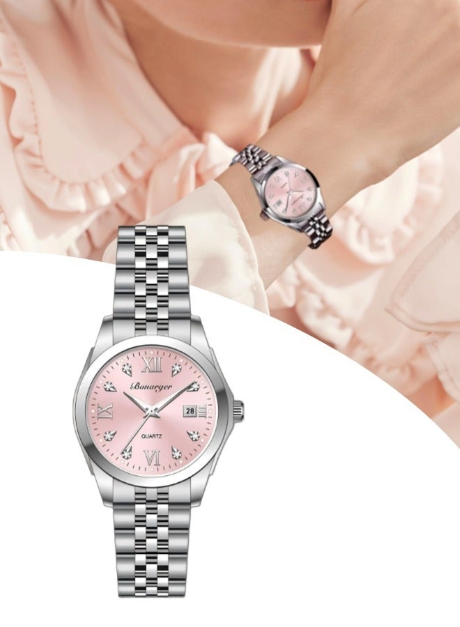 BONARGER Women's waterproof quartz watch (waterproof luminous watch, steel strap, pink dial) - Image 1