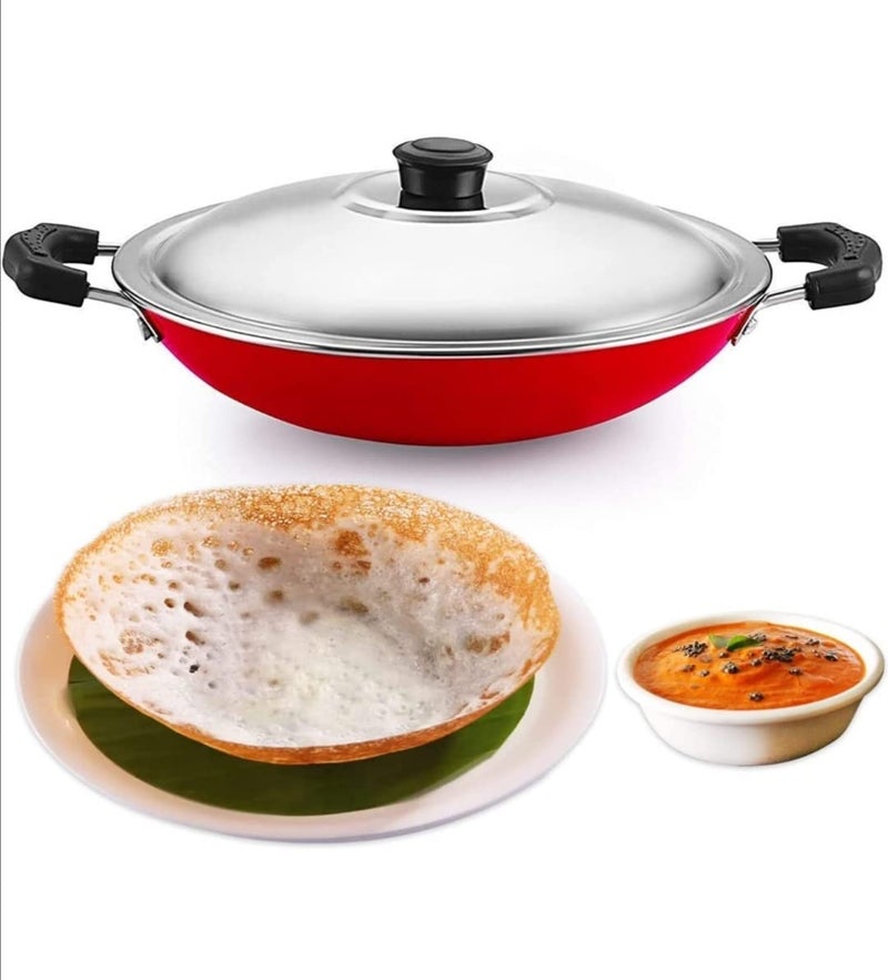 DARAZ NonStick Aluminium Appachatti with Stainless Steel lid 26mm Red 23cm Gas Compatible Product Type Has Nonstick Coating - Image 1