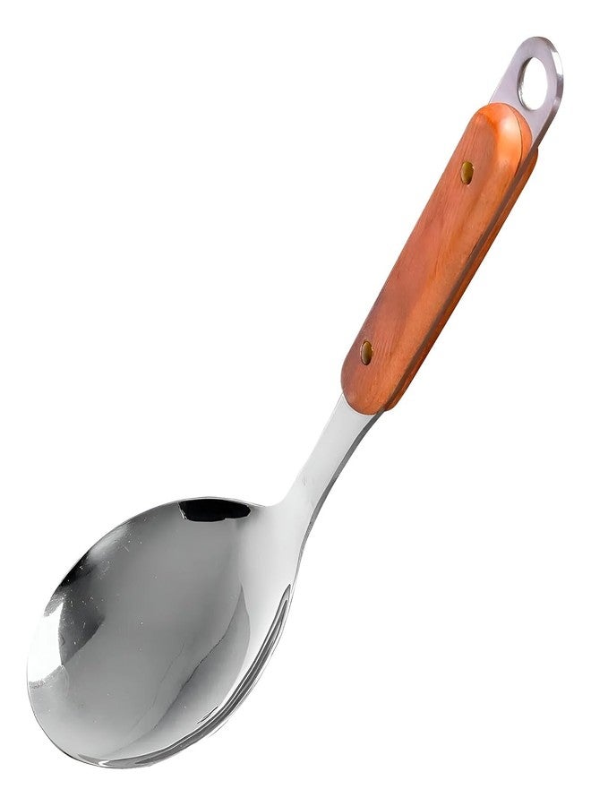 FIKKANI Premium Stainless Steel Serving Spoon with Wooden Handle – Heavy Duty Cooking & Serving Spoon for Rice, Curry, Gravy, Stew & Daily Kitchen Use - Image 1