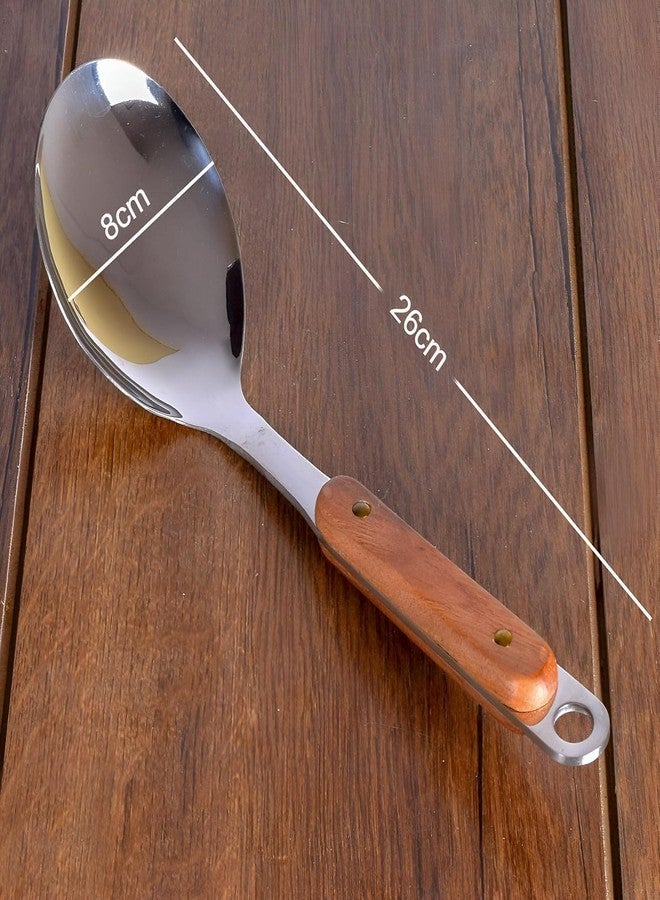 FIKKANI Premium Stainless Steel Serving Spoon with Wooden Handle – Heavy Duty Cooking & Serving Spoon for Rice, Curry, Gravy, Stew & Daily Kitchen Use - Image 2