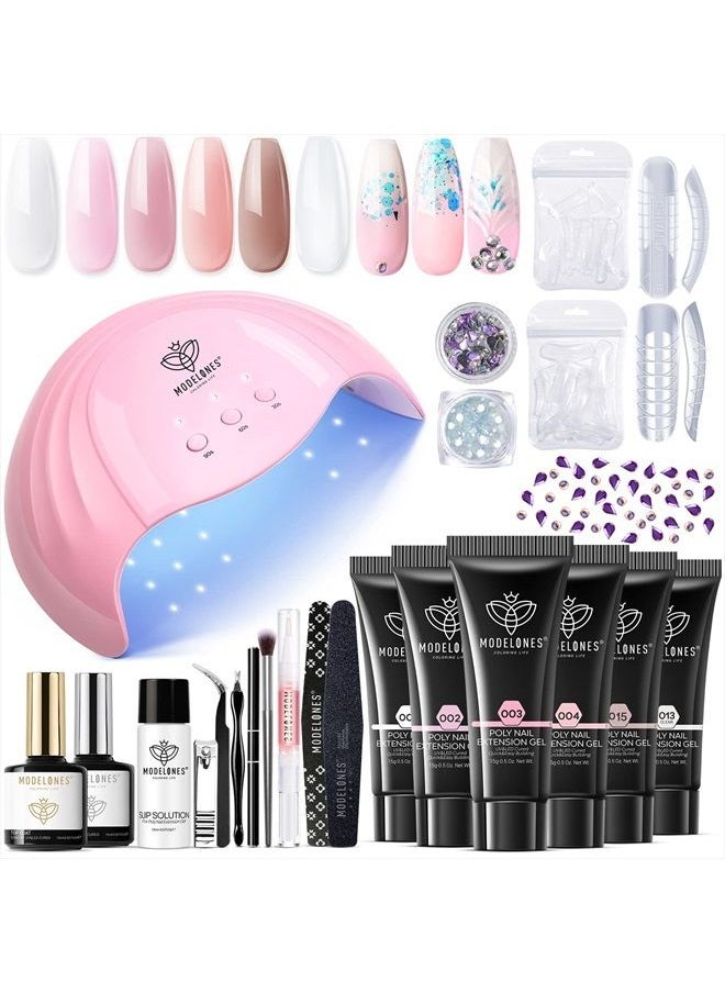 modelones - Modelones Poly Nail Gel Kit - 6 Colors with 48W Nail Lamp Slip Solution Rhinestone Glitter All In One Kit for Nail Manicure Beginner Starter Kit DIY at Home Beauty Gift - Image 1