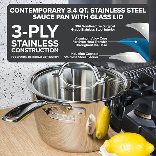 Viking Contemporary 3-Ply Stainless Steel Sauce Pan with Glass Lid, 3.4 Quart Saucepan Cooking Pot, Dishwasher and Oven Safe, Induction Ready, Silver - Image 2