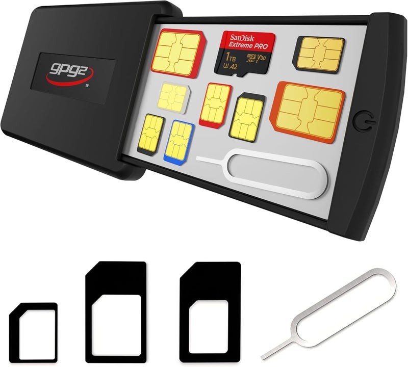 GPG2 حافظة موبايل آمنة للسفر، حافظة صلبة ومنظمة مدمجة لجميع أنواع بطاقات SIM، تشمل بطاقات Nano وMicro SD، مجموعة محولات وأداة إزالة - Image 1