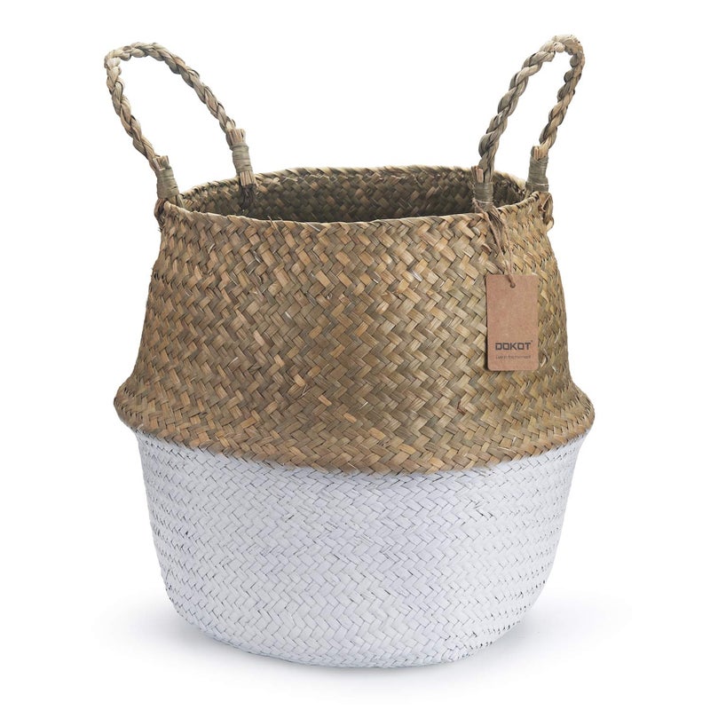 Seagrass Plant Basket with Handles, Natural Woven Storage Wicker Baskets (White S(7â€œ D x 8" H))
