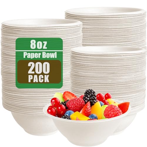 Tiaiidi 200 PACK White Paper Bowls,8 oz Compostable Disposable Bagasse Bowls,Heavy-Duty Biodegradable Paper Bowls,Eco-Friendly Sugarcane Fibers Bowls for Salad,Cereals,Snacks,Dessert,Candy - Image 1