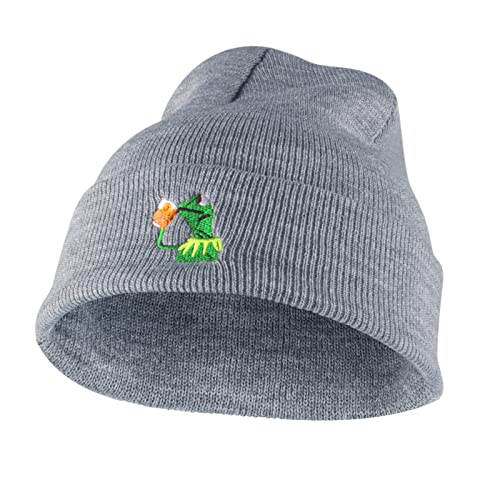 Raylarnia Winter Kermit The Frog Sipping Tea Beanie Warm Comfortable Soft Oversized Thick Cable Knitted Hat Unisex Knit Caps-Grey - Image 2