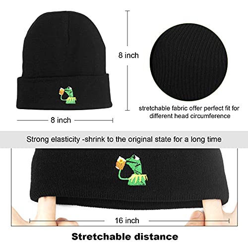 Raylarnia Winter Kermit The Frog Sipping Tea Beanie Warm Comfortable Soft Oversized Thick Cable Knitted Hat Unisex Knit Caps-Grey - Image 5
