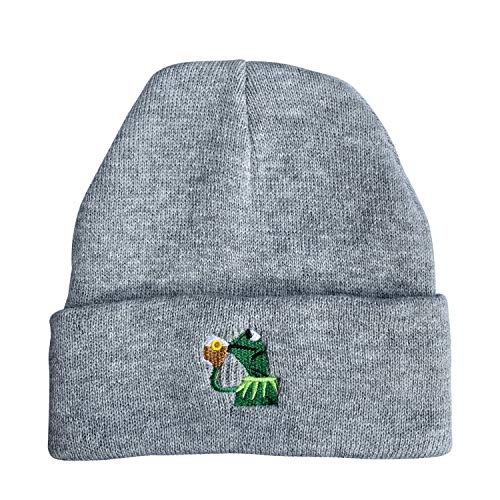 Raylarnia Winter Kermit The Frog Sipping Tea Beanie Warm Comfortable Soft Oversized Thick Cable Knitted Hat Unisex Knit Caps-Grey - Image 1