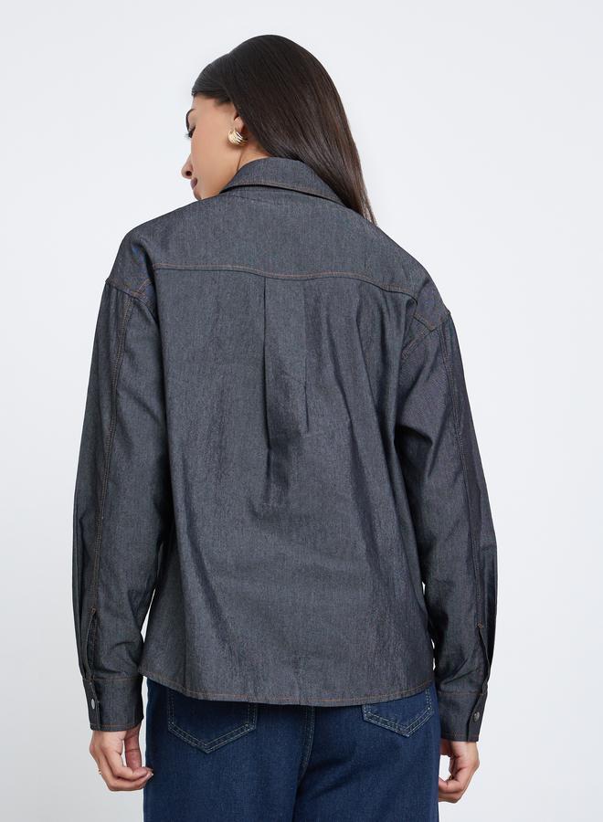 Styli Women Black Double Pocket Denim Loose Fit Shirt - Image 5