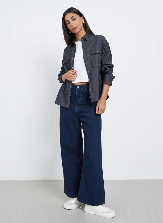 Styli Styli Women Black Double Pocket Denim Loose Fit Shirt