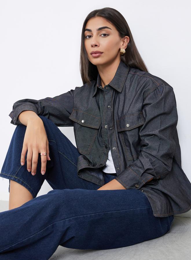 Styli Women Black Double Pocket Denim Loose Fit Shirt - Image 1