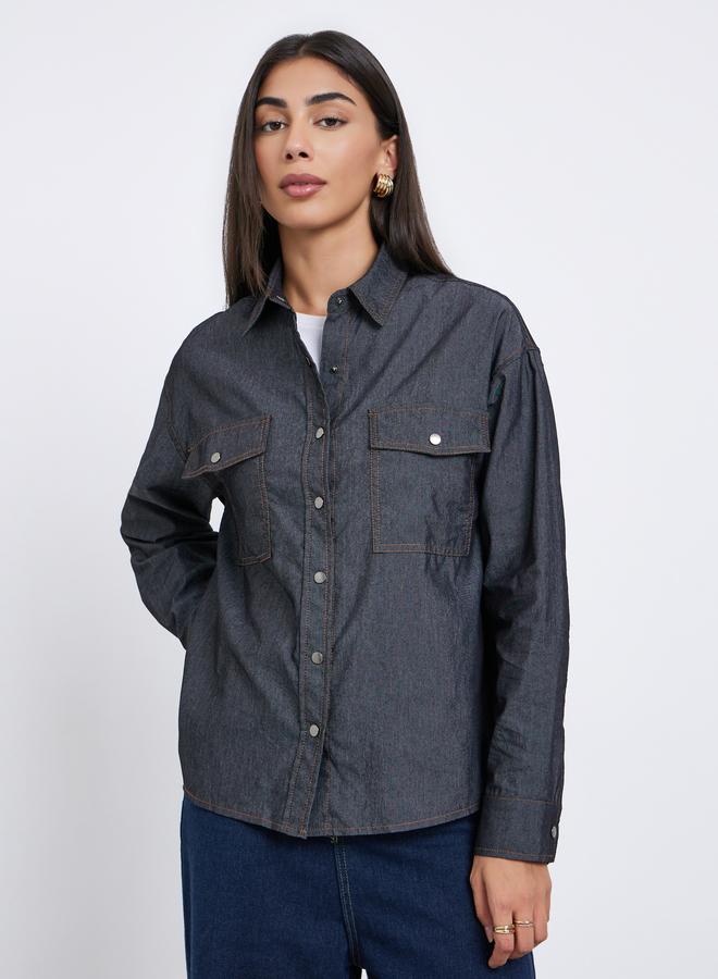 Styli Women Black Double Pocket Denim Loose Fit Shirt - Image 3