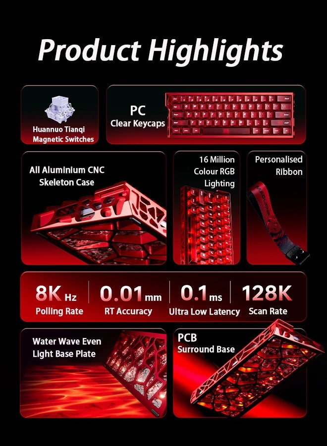 مادليونس ضوء 60HE ألعاب لوحة المفاتيح RGB 8KHz 0.1ms منخفضة جدا التأخير الزناد السريع الساخنة القابلة للتبديل القابلة للتعديل برامج تشغيل FPS التنافسية 60٪ تصميم المدمج الطبعة المحدودة الأكونود الأحمر (جميع الألومنيوم CNC الحرفية ، Huannuo Tianqi المفاتيح المغناطيسية) - Image 3