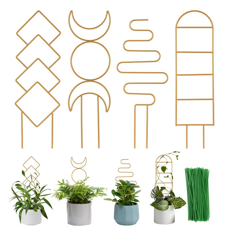 Wellsign Indoor Plant Trellis for Potted Plants, 16inch Gold Small Trellis for Climbing Plants Outdoor Garden Metal Trellis with Different Patterns for Vine Ivy Flower Plant Support 4 Pack - Image 1