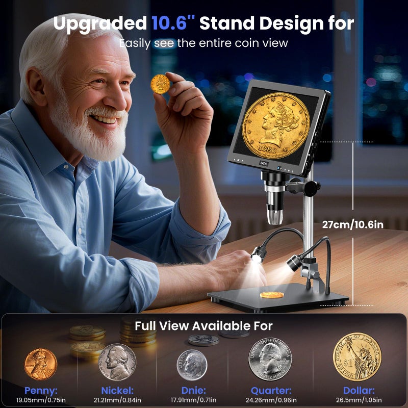 Hayve DM13 10.1 Inch LCD Digital Microscope, 16MP 2000X HD IPS Soldering Microscopes for Adults, Electronics Repair, Coin Microscope Magnifier for Error Coins with Screen, 10 LED Lights, 32GB - Image 4