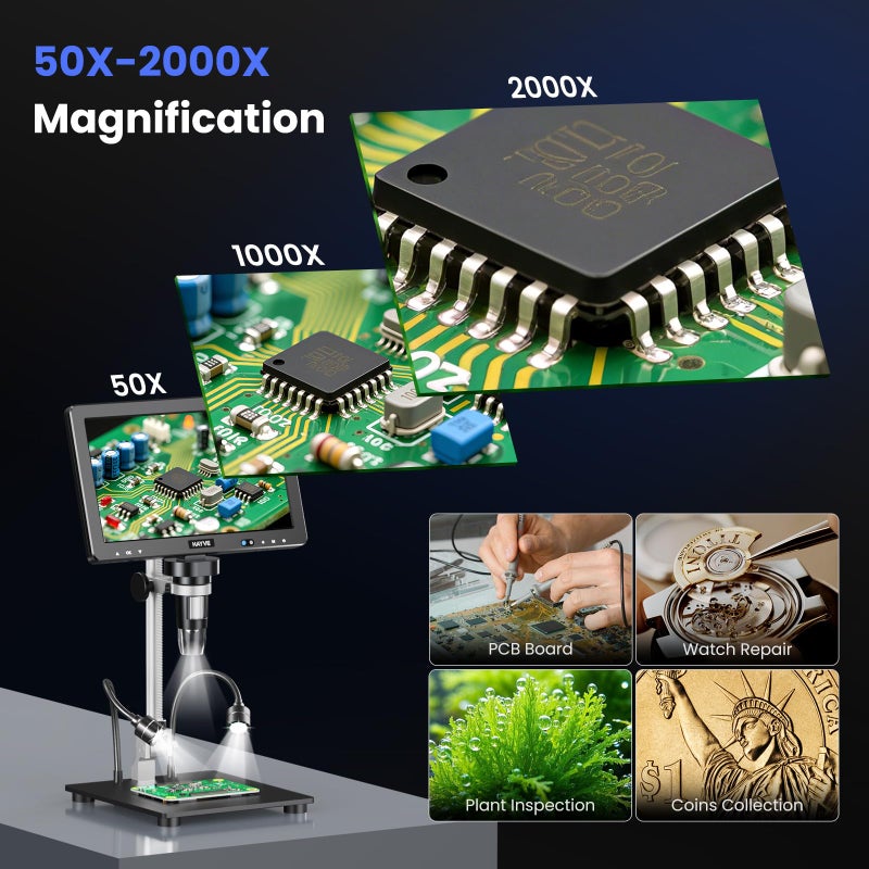 Hayve DM13 10.1 Inch LCD Digital Microscope, 16MP 2000X HD IPS Soldering Microscopes for Adults, Electronics Repair, Coin Microscope Magnifier for Error Coins with Screen, 10 LED Lights, 32GB - Image 5