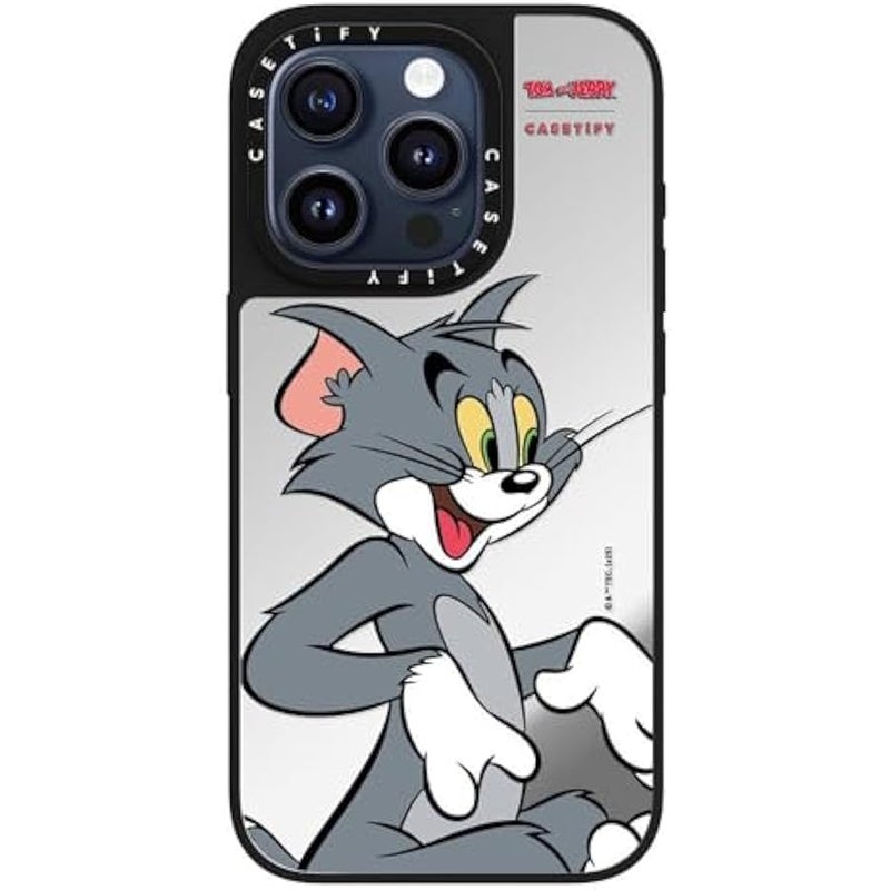 Casetify Mirror Case for iPhone 15 Pro 【Tom and Jerry Colab/Reflective / 4.9ft Drop Protection/Compatible with Magsafe】 - Tom Character - Silver on Black - Image 1