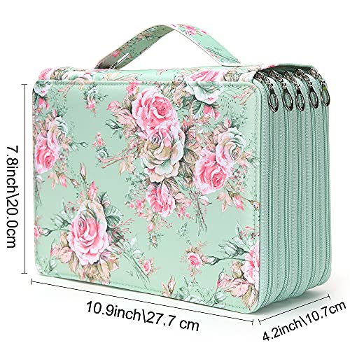 Vomgomfom 252 Slots Pencil Bag, 5-Layer Zipper Art Supply Organizer, PU Leather Portable Colored Pencil Case with Handle for 252 Watercolor Pens, Gel Pens (Green Rose) - Image 2