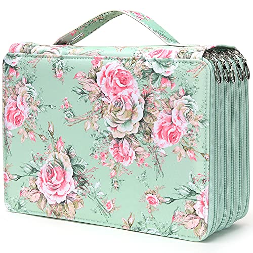 Vomgomfom 252 Slots Pencil Bag, 5-Layer Zipper Art Supply Organizer, PU Leather Portable Colored Pencil Case with Handle for 252 Watercolor Pens, Gel Pens (Green Rose) - Image 1