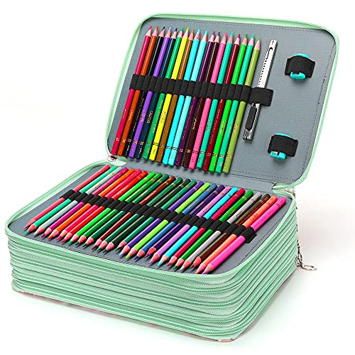 Vomgomfom 252 Slots Pencil Bag, 5-Layer Zipper Art Supply Organizer, PU Leather Portable Colored Pencil Case with Handle for 252 Watercolor Pens, Gel Pens (Green Rose) - Image 4