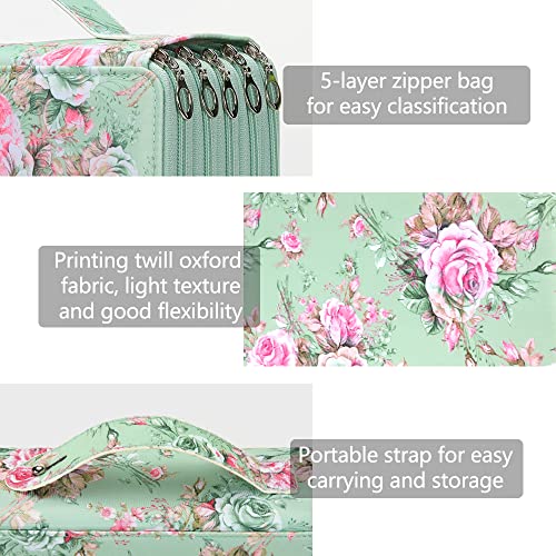 Vomgomfom 252 Slots Pencil Bag, 5-Layer Zipper Art Supply Organizer, PU Leather Portable Colored Pencil Case with Handle for 252 Watercolor Pens, Gel Pens (Green Rose) - Image 3